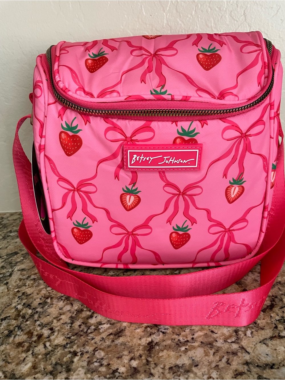 Betsey Johnson Pink Strawberry Print Crossbody Lunch Tote